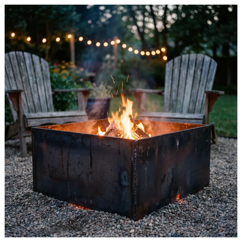 Finished square steel fire pit, built from the free MasteryForge sample plan