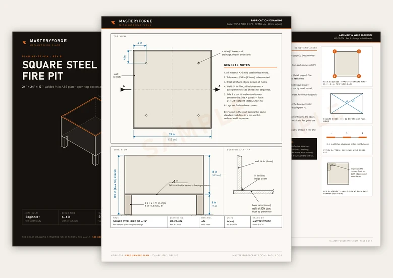 Three pages of the free Square Steel Fire Pit sample plan: the cover, the fabrication drawing with top, side and section views, and the assembly sequence