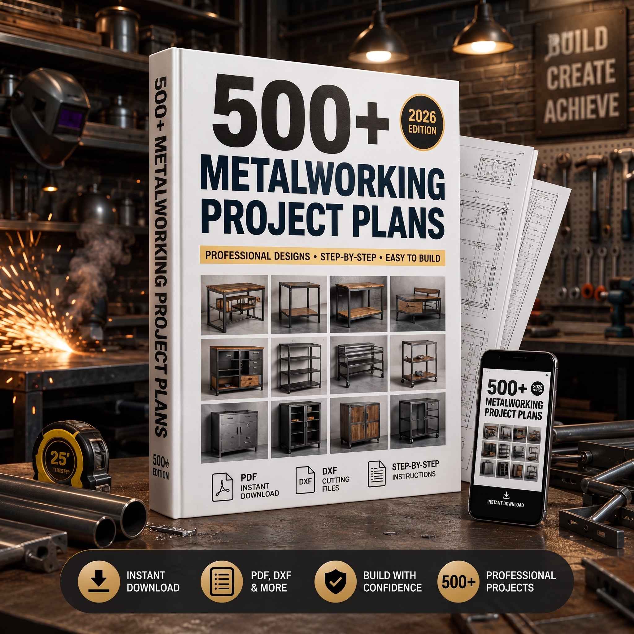 500+ metalworking project plans book mockup in a welding workshop