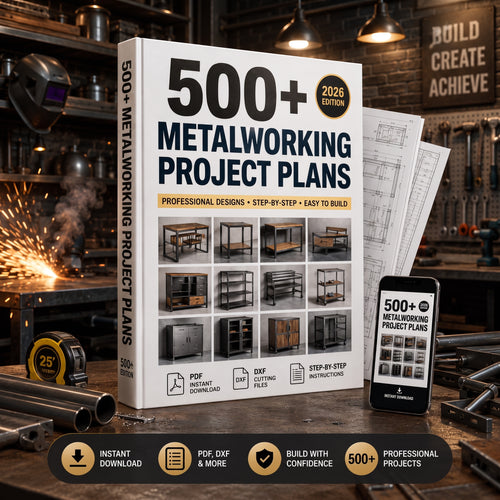 500+ metalworking project plans book mockup in a welding workshop