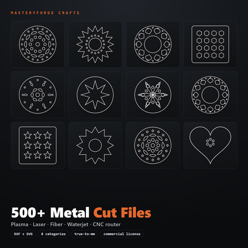 MasteryForge Metal Cut-File Vault — 500+ metal cut file designs preview (DXF + SVG)